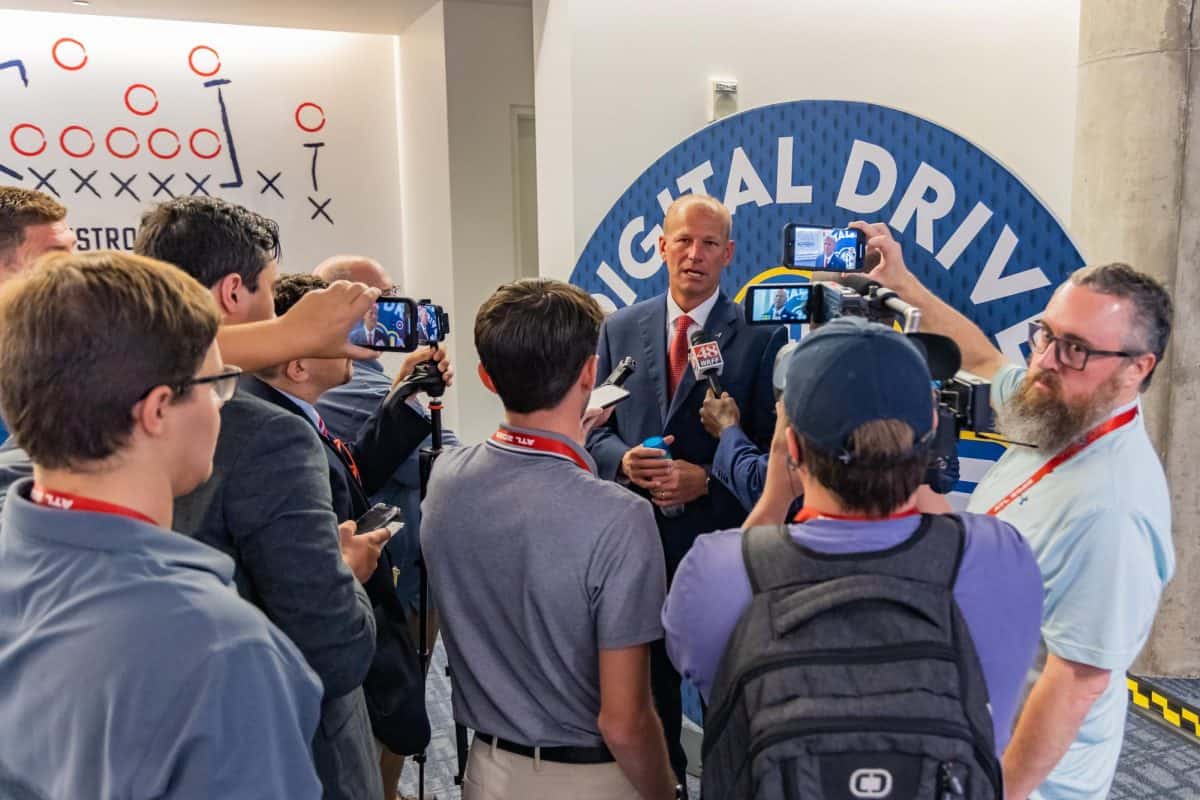 Alabama Head Coach Kalen DeBoer talks to media during SEC Media Days in Atlanta,GA. 