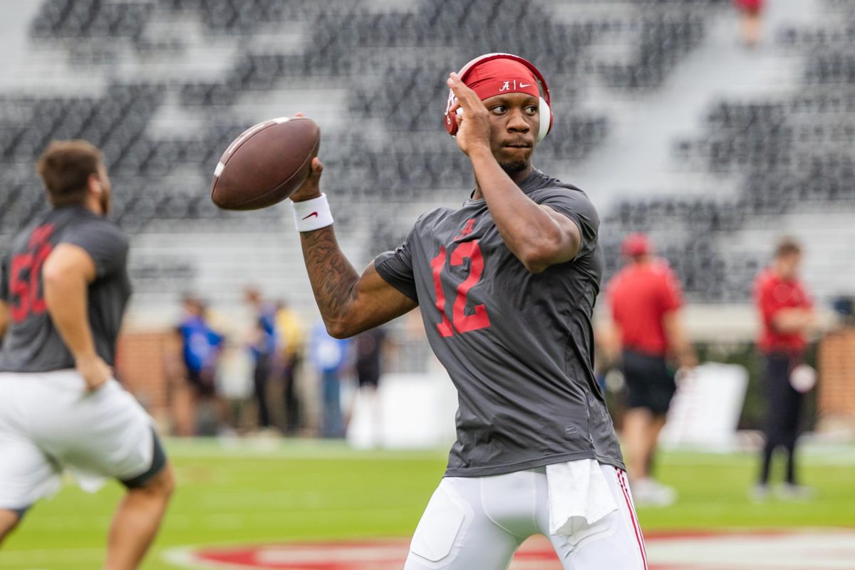 Alabama quarterback Keelon Russell (#12) warms up before playing against ULM on Sept. 6, 2025, in Tuscaloosa, AL. 