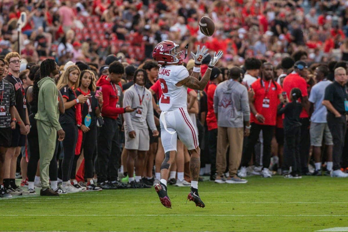 Alabama wide receiver Ryan Williams (#2) warms up to play. 