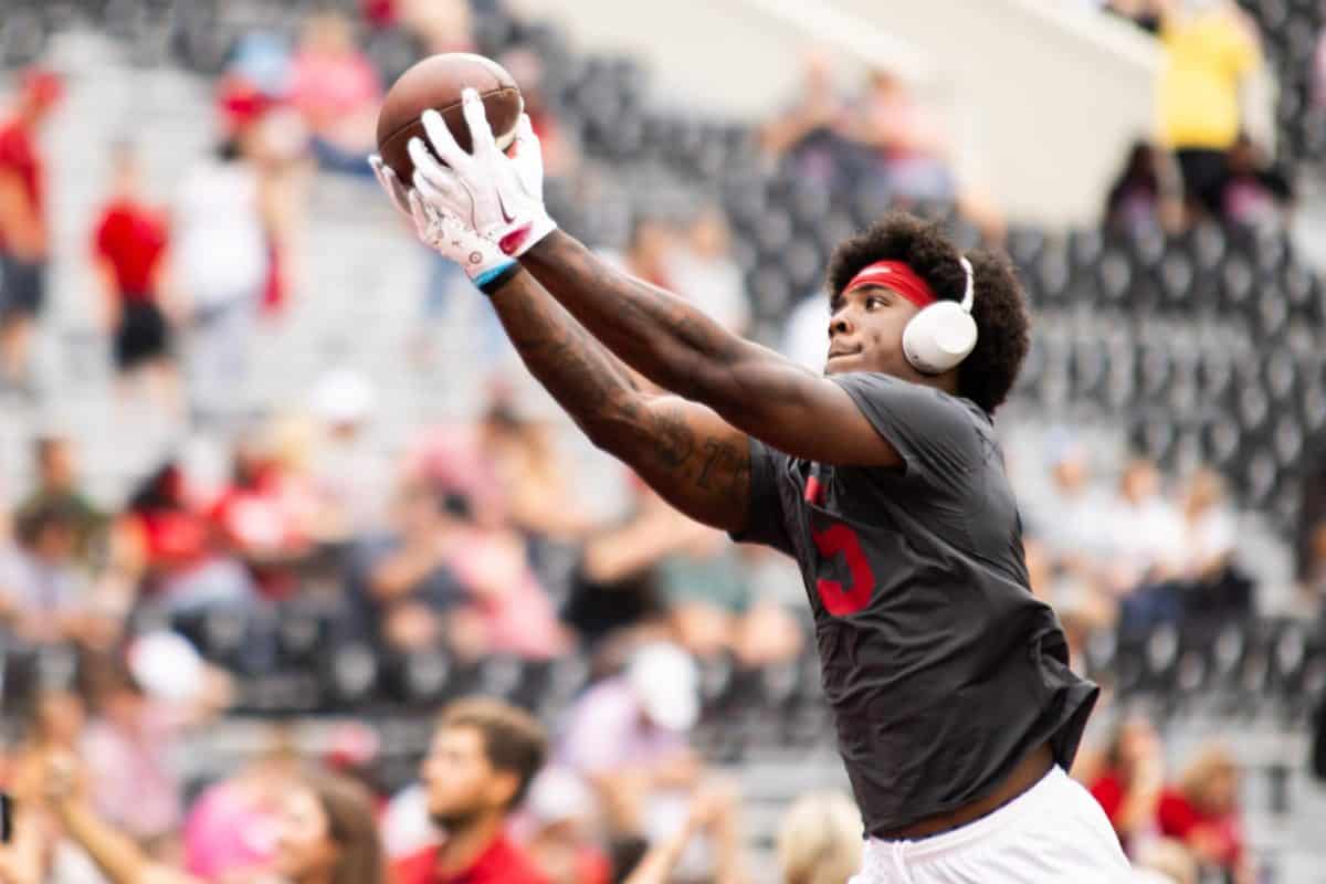 Alabama wide receiver Germie Bernard (#5) catches a pass during warmups before the game versus Louisiana Monroe on August 6, 2025.