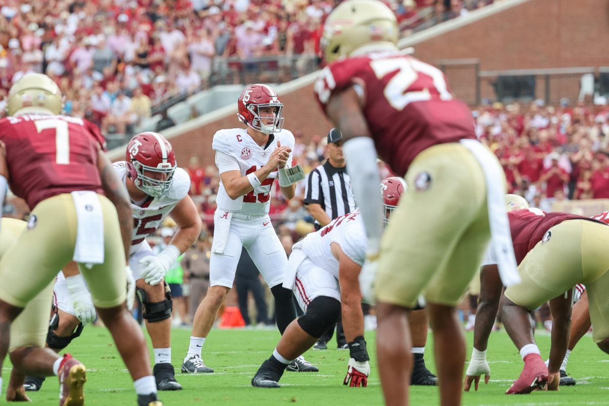 Alabama quarterback Ty Simpson (#15) prepares for a play against FSU in Tallahassee, FL on Aug. 30, 2025. 