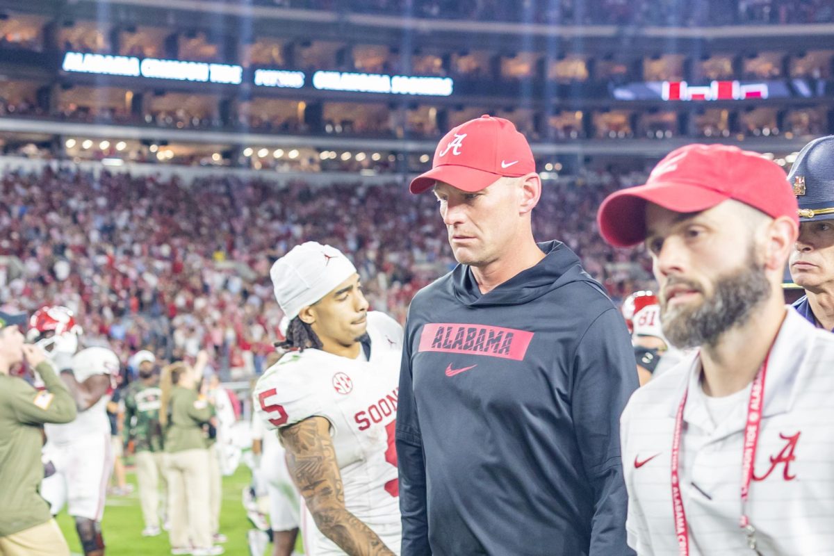 Alabama head coach Kalen DeBoer walks off after losing to Oklahoma Nov. 15, 2025. 