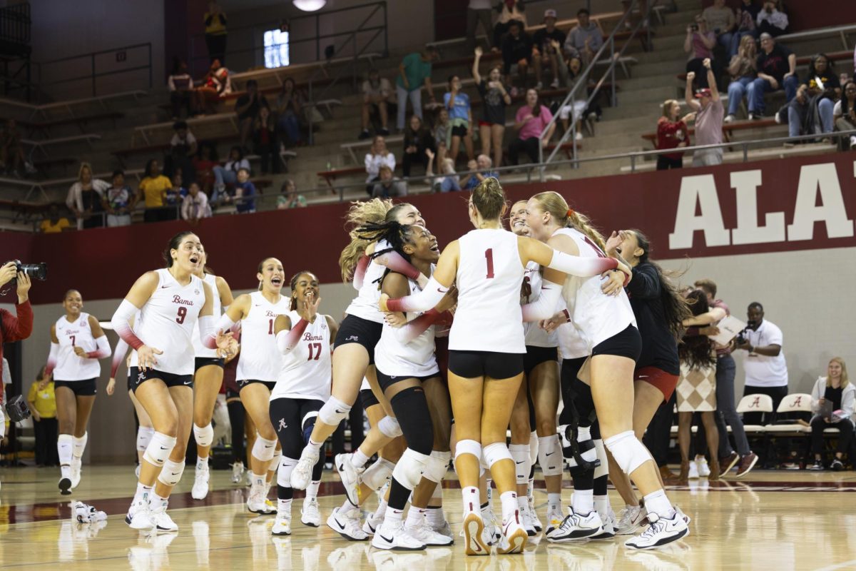 Alabama volleyball celebrates after defeating Missouri on Nov. 16, 2025, at Foster Auditorium in Tuscaloosa, Alabama. 
