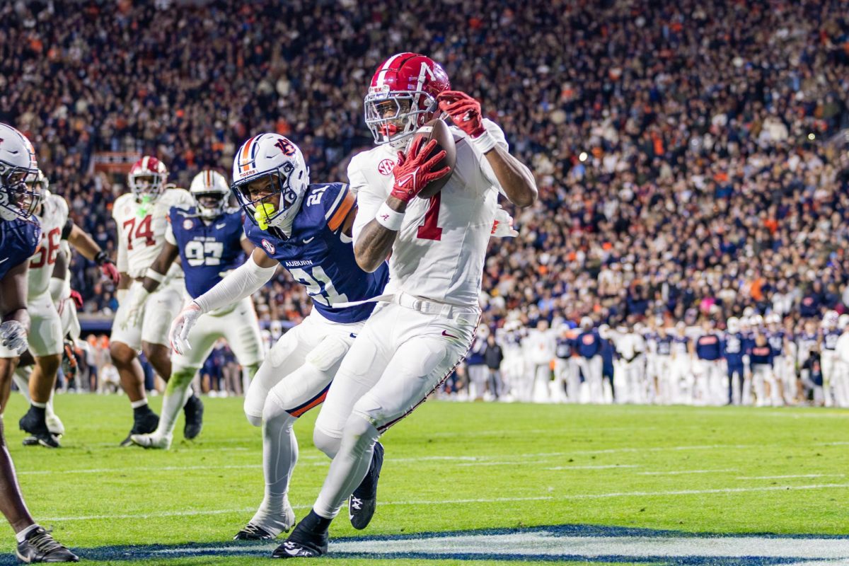 Wide receiver Isaiah Horton (#1) catches the ball to score a touchdown during the game versus Auburn on Nov. 29, 2025.