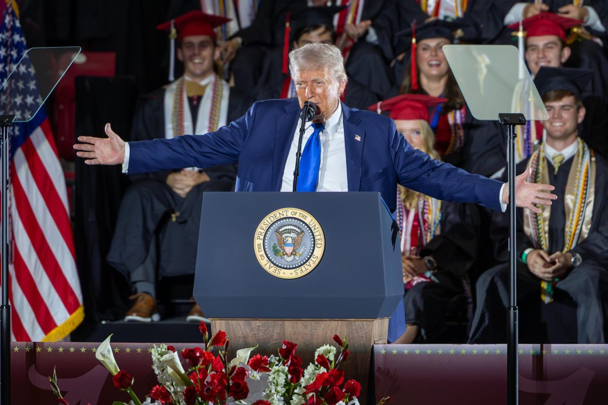 President Donald J. Trump gives a commencement speech to The University of Alabama's class of 2025.