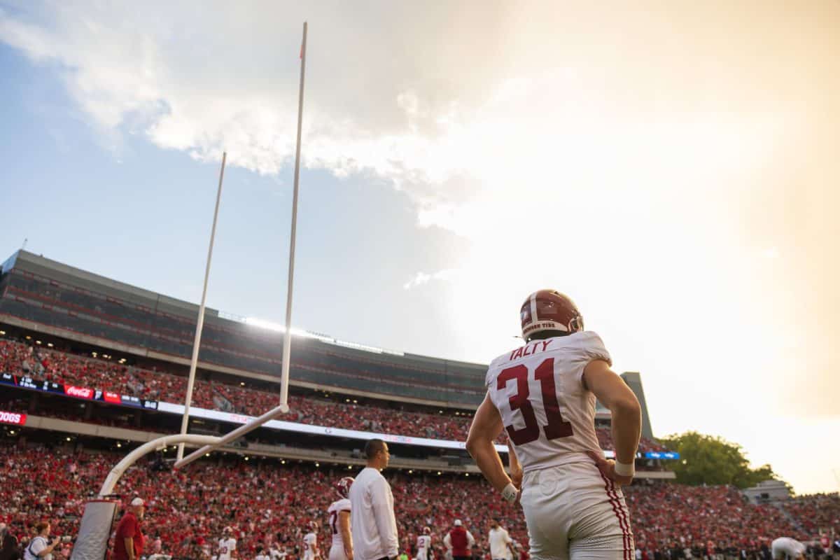 Alabama kicker Conor Talty (#31) warms up before playing Georgia on Sept. 27, 2025, in Athens, GA. 
