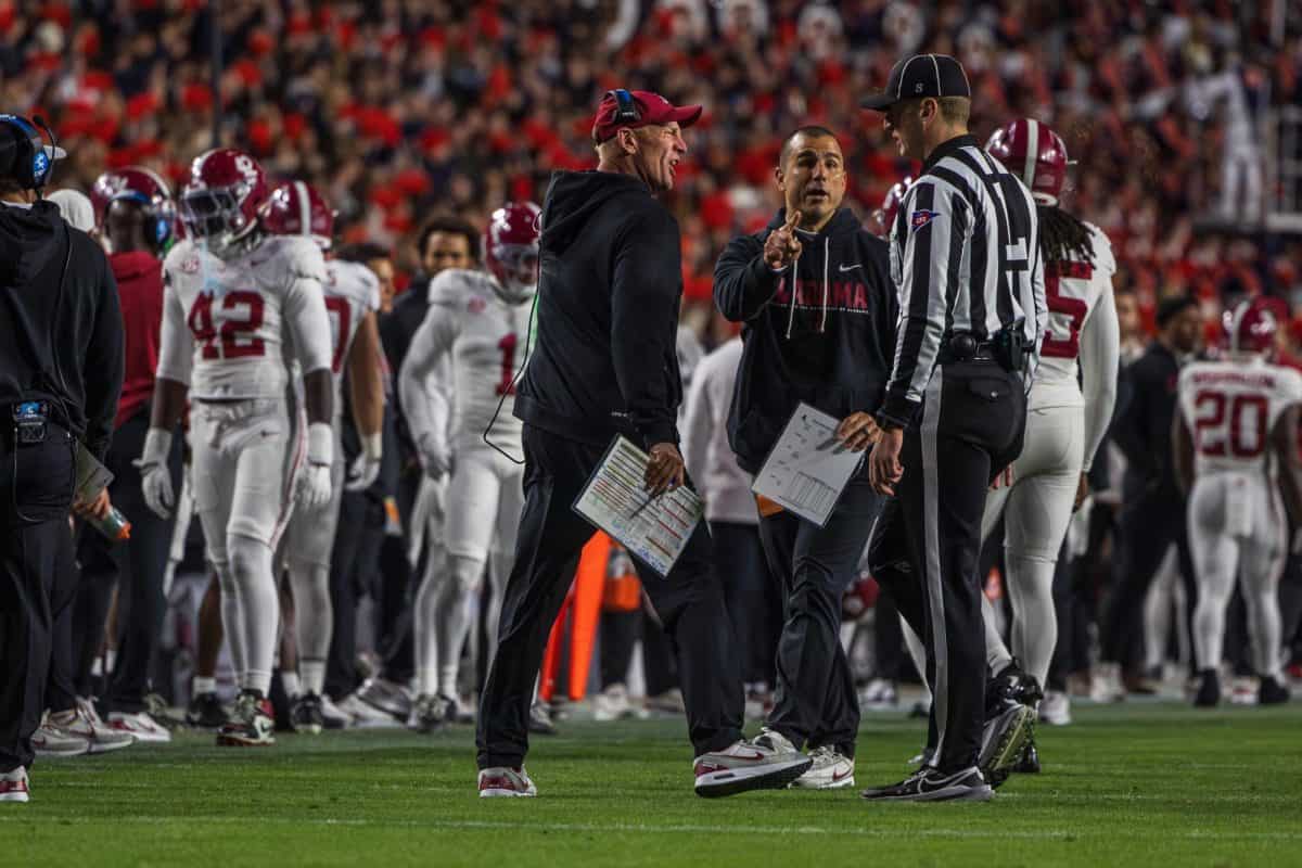 Alabama head coach Kalen DeBoer yells at the referee during the game. 