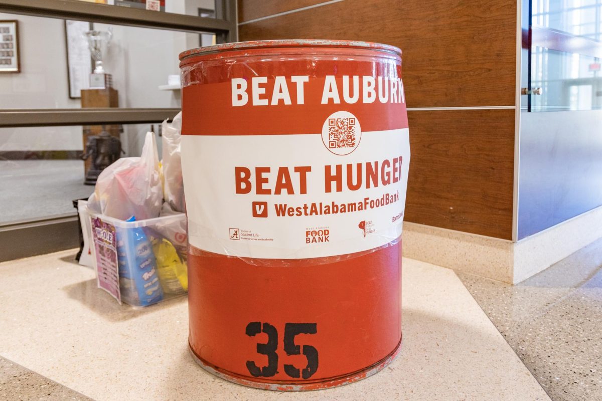 A Beat Auburn Beat Hunger bin sits in the Student Center.