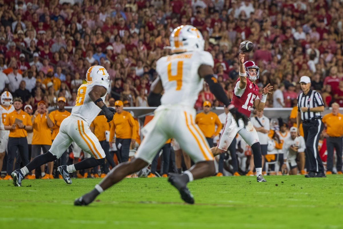 Alabama quarterback Ty Simpson (#15) throws the ball against Tennessee on Oct. 18, 2025 in Tuscaloosa, AL. 