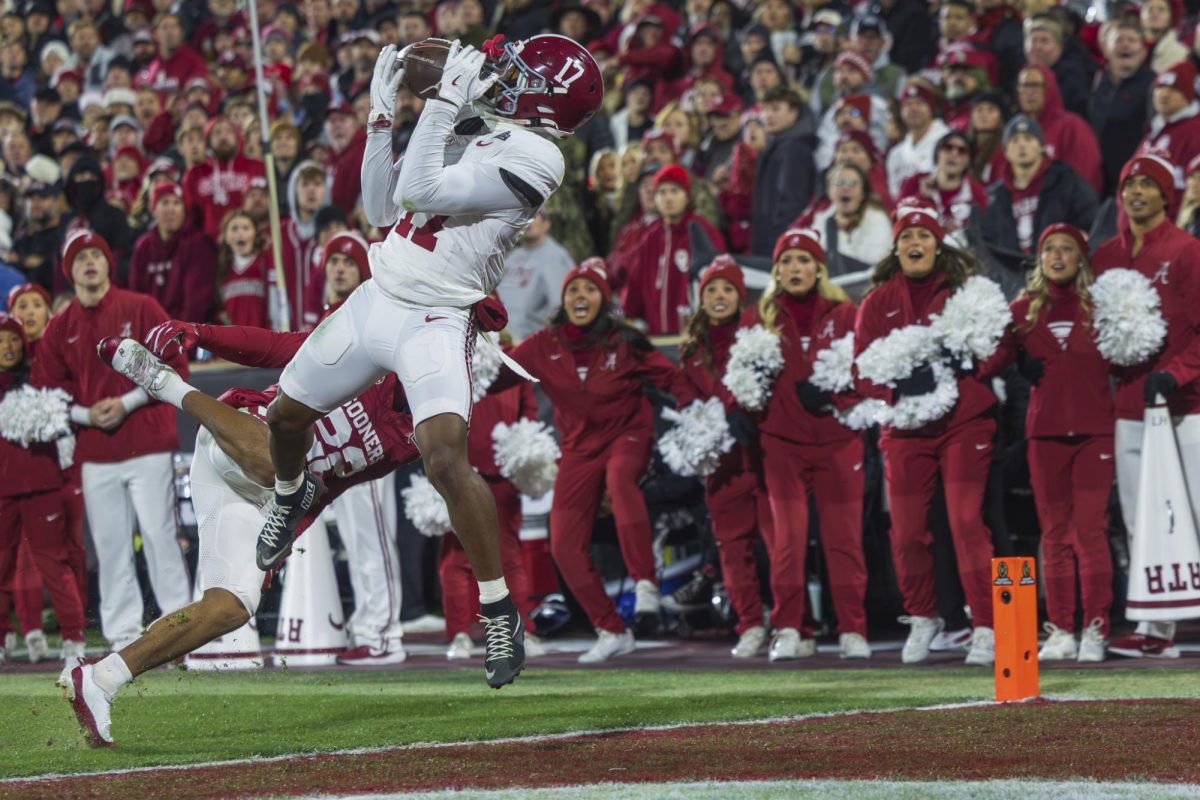Alabama receiver Lotzeir Brooks hauls in a touchdown versus Oklahoma in the First Round of the 2025 College Football Playoff on Dec. 19, 2025, at Gaylord Family - Oklahoma Memorial Stadium, in Norman Oklahoma.