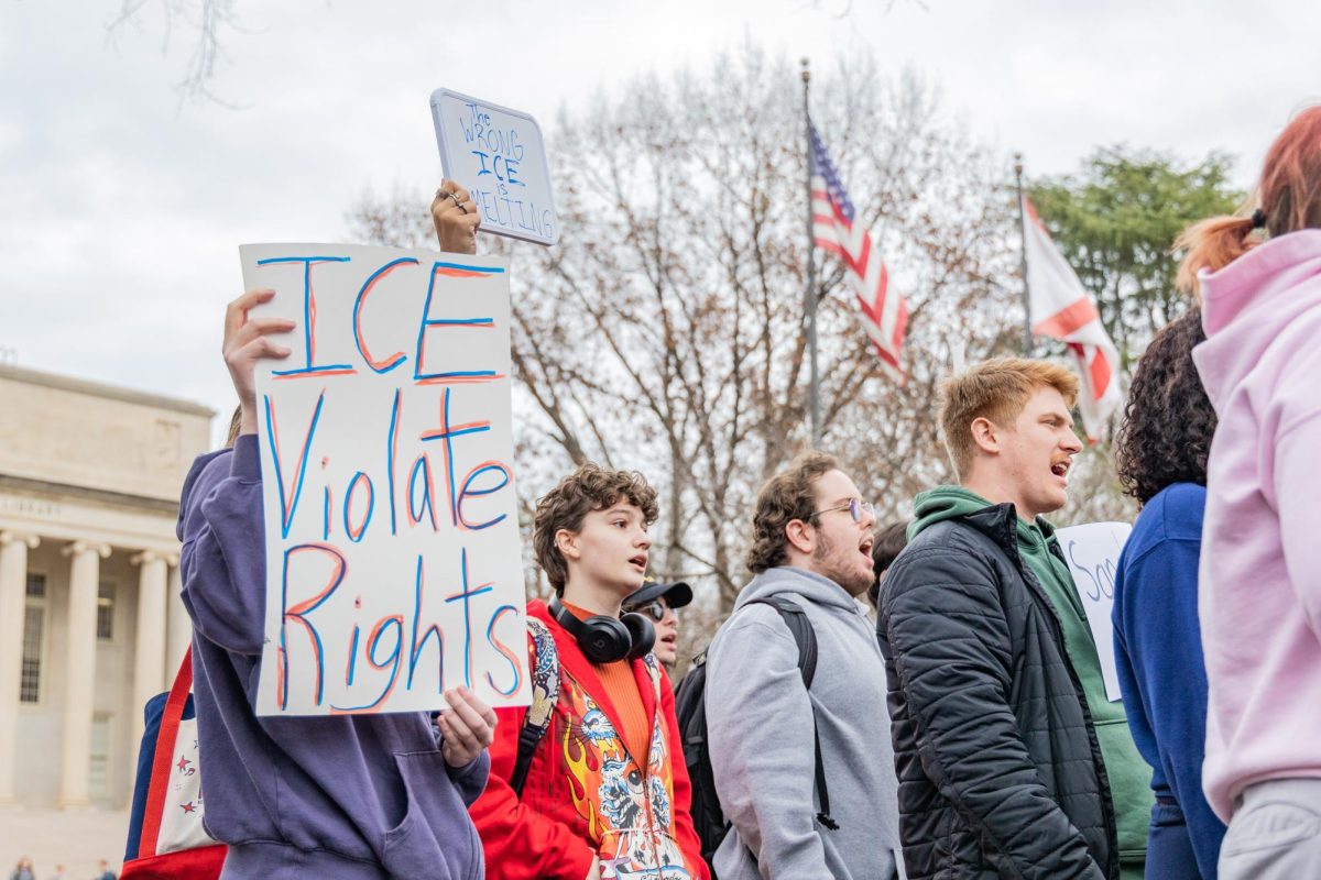 Alabama students gathered in front of Gorgas Library to protest ICE on Jan. 25, 2026.