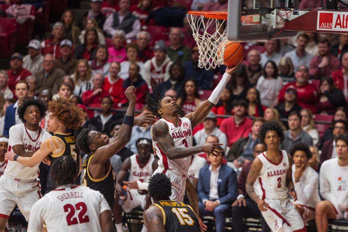 Alabama guard Latrell Wrightsell Jr. (#3) jumps for a shot against Missouri on Jan. 27, 2026, in Coleman Coliseum. 