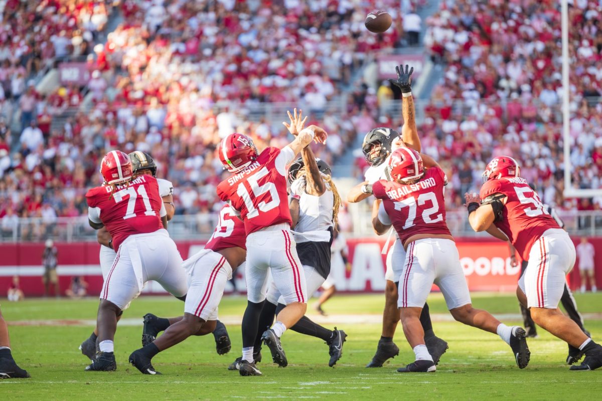 Alabama offensive players block Vanderbilt defensive players during a play on Oct. 4, 2025, in Bryant-Denny Stadium. 