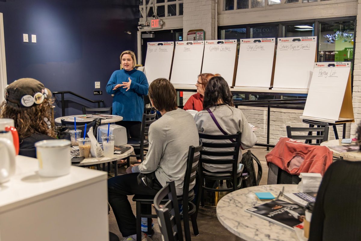 Director of Student Media Jessie Jones speaks to students at a meeting to discuss ideas for a new magazine at Strange Brew Coffeehouse on Jan. 21, 2026.
