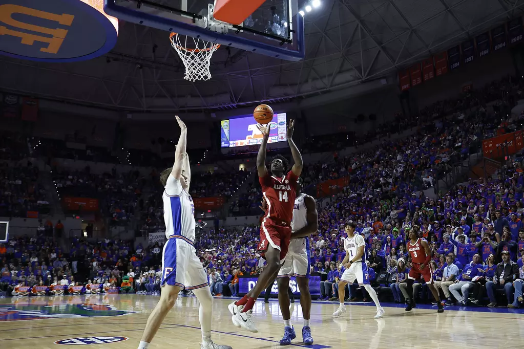 Alabama center Charles Bediako (#14) in action against Florida at  Stephen C. O'Connell Center in Gainesville, FL on Sunday, Feb 1, 2026.
