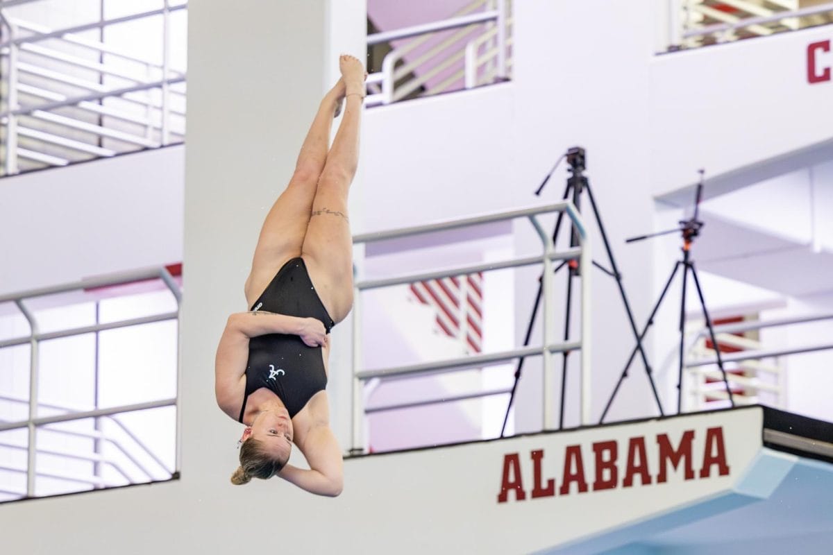 An Alabama diver performs during the meet versus Auburn on January 30, 2026.