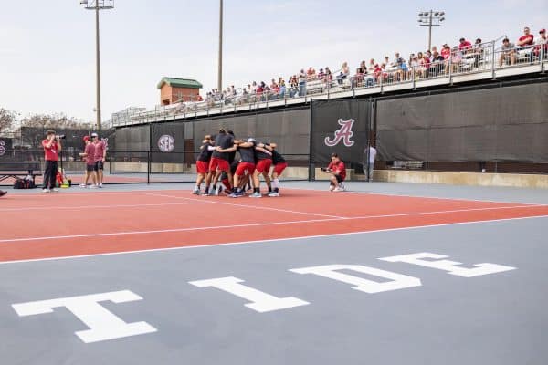 Alabama tennis players cheer before the match versus Texas on Feb. 21, 2026.