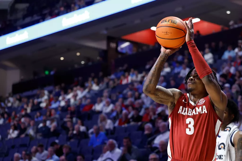 Alabama guard Latrell Wrightsell Jr. (#3) in action against Ole Miss at The Sandy and John Black Pavilion in Oxford, MS on Wednesday, Feb 11, 2026.
