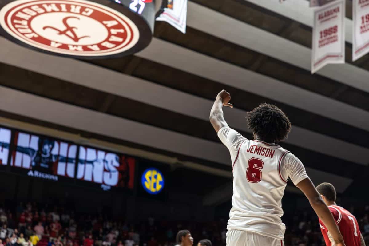 Alabama forward London Jemison (#6) celebrates during the game versus Arkansas on Feb. 18, 2026.