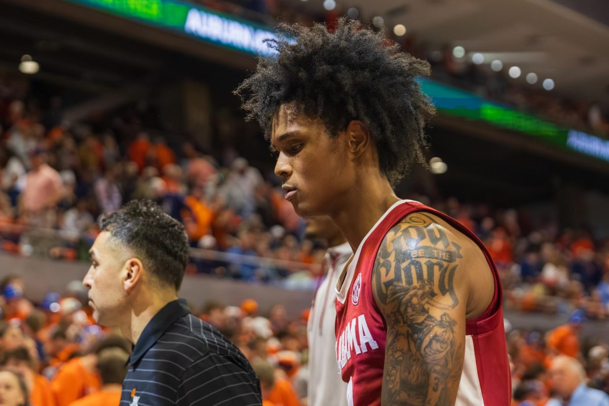 Alabama guard Aden Holloway (#2) walks off the court during halftime against Auburn on Feb. 8, 2026. 