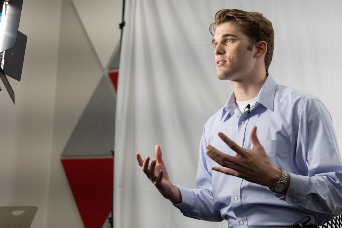 SGA presidential candidate Kyle Porter speaks to the media on Feb. 20, 2026.