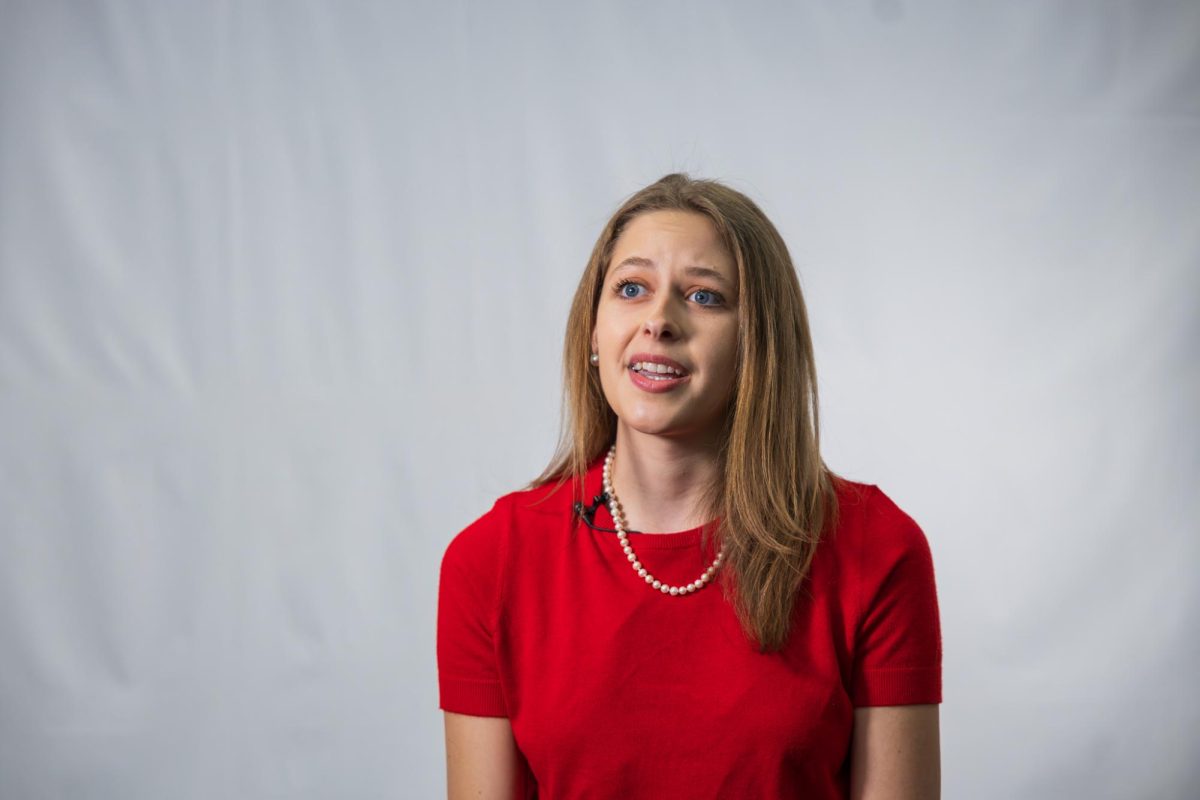 SGA presidential candidate Samantha Simmons speaks to the media on Feb. 20, 2026.
