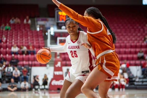 Alabama forward Joy Egbuna (#25) dribbles the ball during the game versus Texas on March 1, 2026.