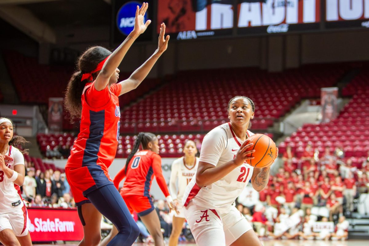 Alabama forward Essence Cody (#21) grabs the ball during the game against Ole Miss on Feb. 6, 2026 in Coleman Coliseum.