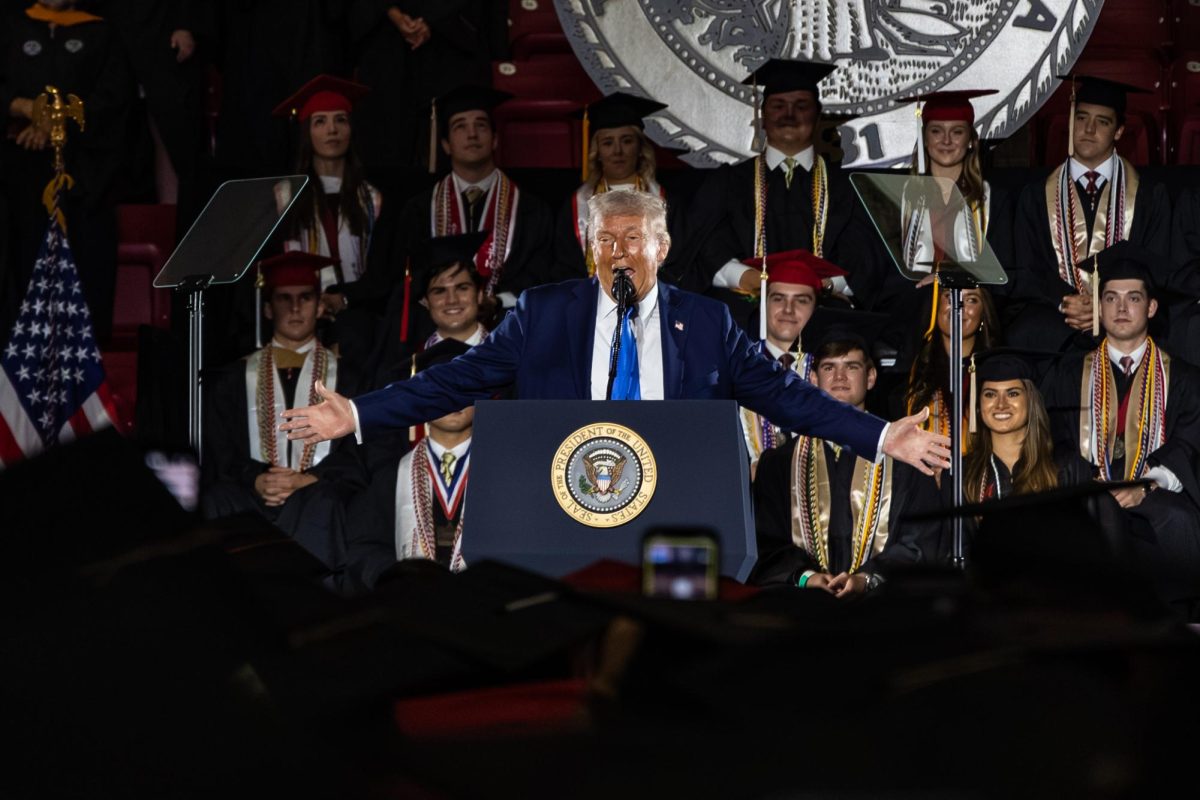 US President Donald Trump speaks to graduates at UA on May 1, 2025.