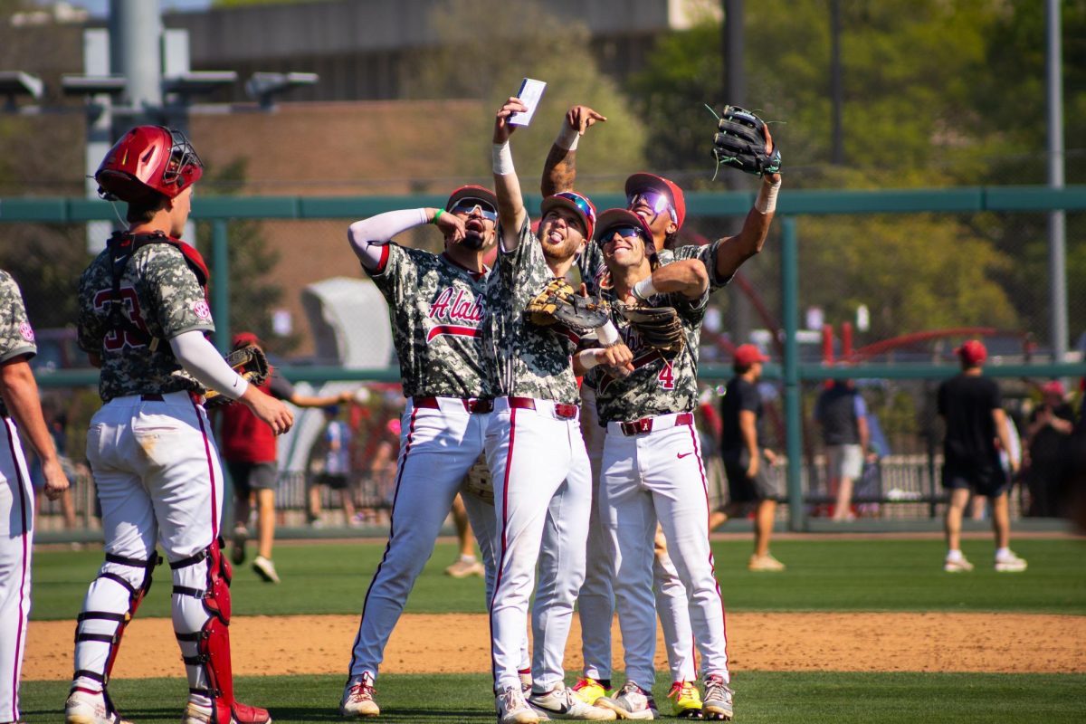 Alabama players celebrate after a play against Auburn on March 29, 2026. 