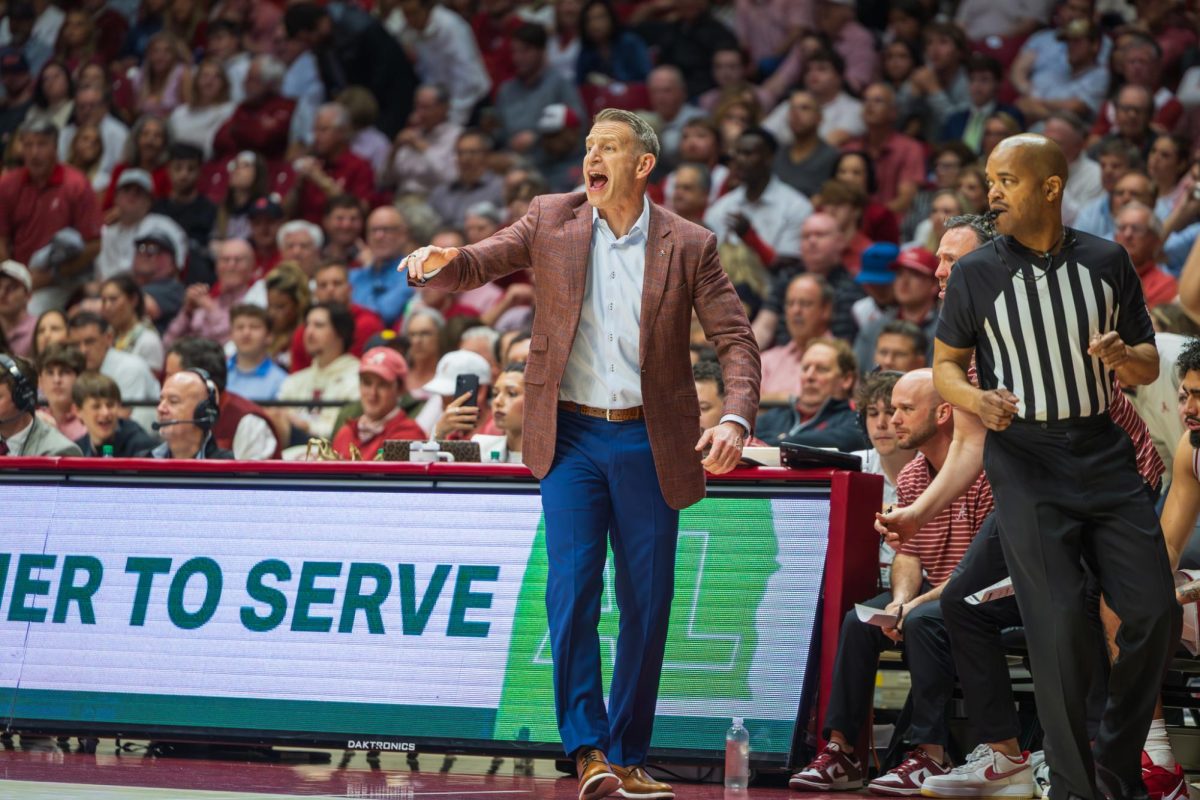 Alabama head coach Nate Oats yells at the team while playing Auburn on March 7, 2026, in Coleman Coliseum.  