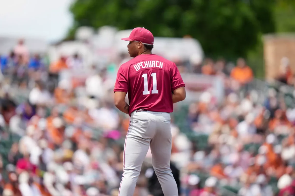 Alabama pitcher Myles Upchurch (#11) plays against Texas on April 19, 2026, at UFCU Disch-Falk Field in Austin, TX. 
