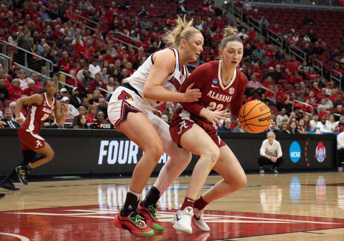 Alabama guard Karly Weathers dribbles the ball against Louisville in the second round of March Madness on March 23, 2026, in Louisville, Ky.