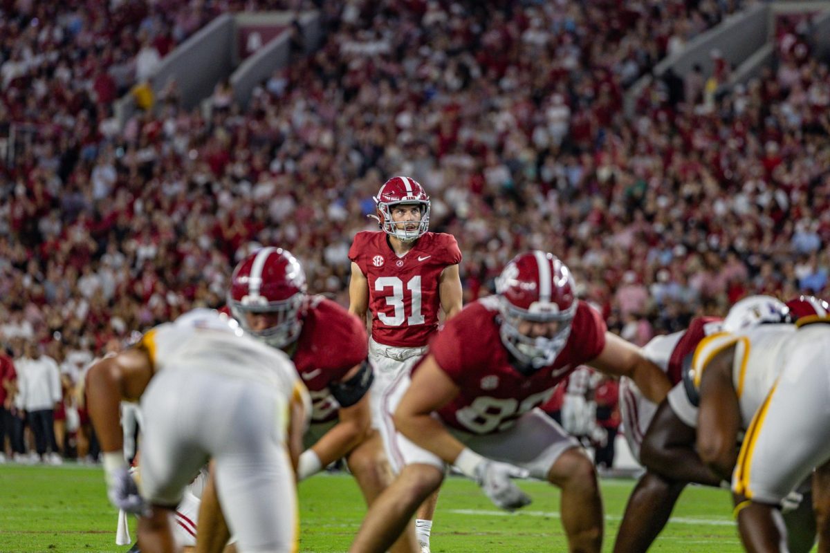 Alabama kicker Conor Talty (#31) prepares to kick a ball against ULM on Sept. 6, 2025, in Tuscaloosa, AL. 