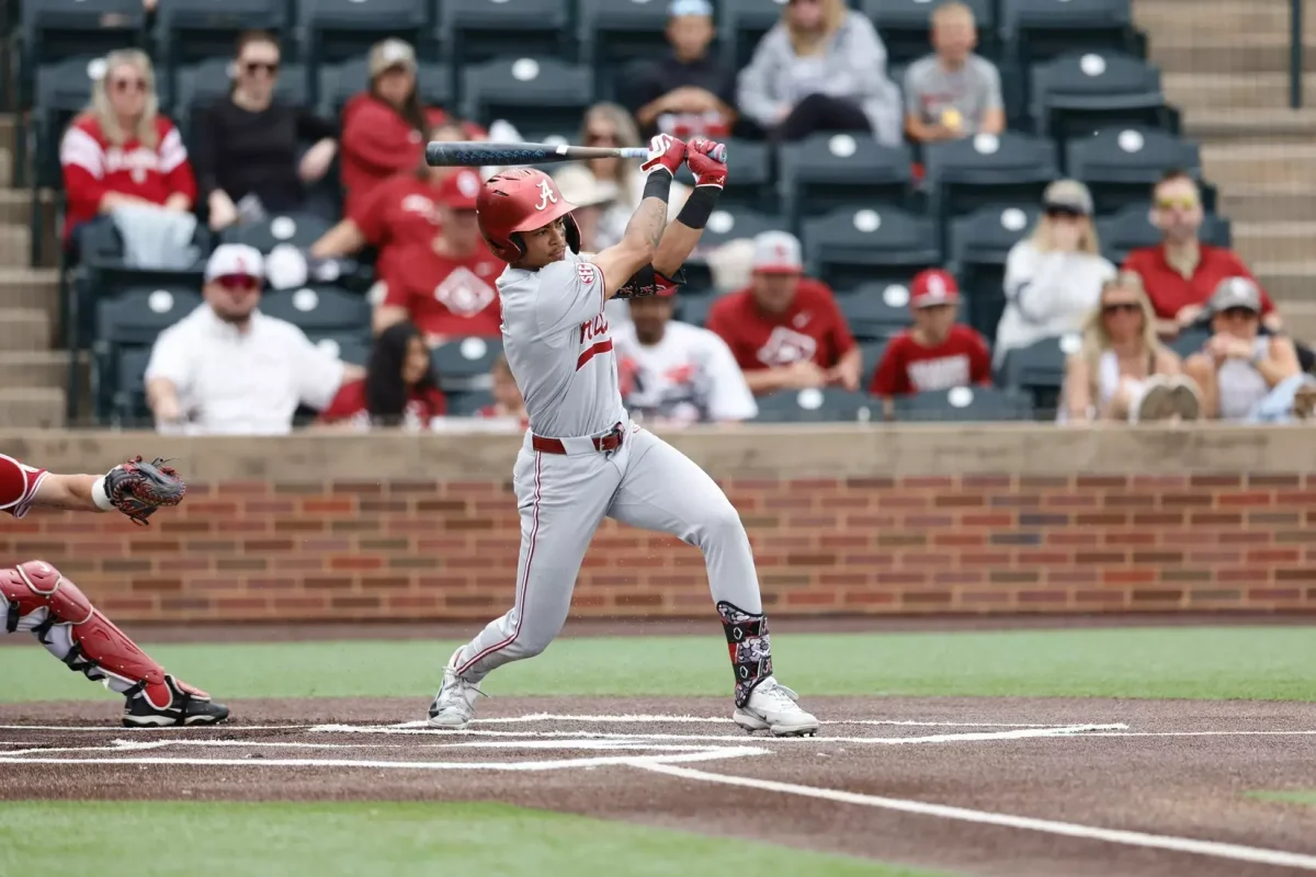 Alabama shortshop Justin Lebron (#1) swings against Oklahoma on April 3, 2026 at Kimrey Family Stadium in Norman, OK. 