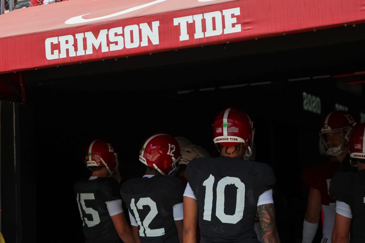 Alabama quarterbacks sit in the tunnel before A-Day on April 11, 2026, in Tuscaloosa,AL.