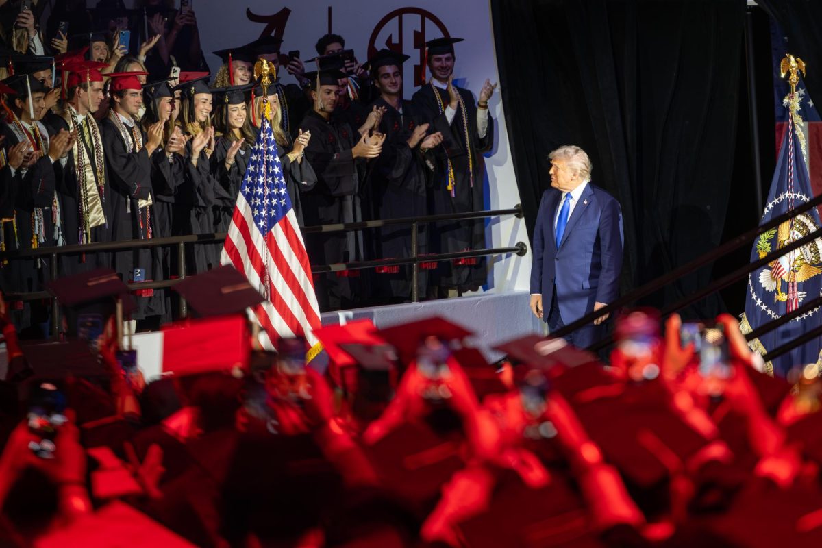 US President Donald Trump speaks to graduates at UA on May 1, 2025.