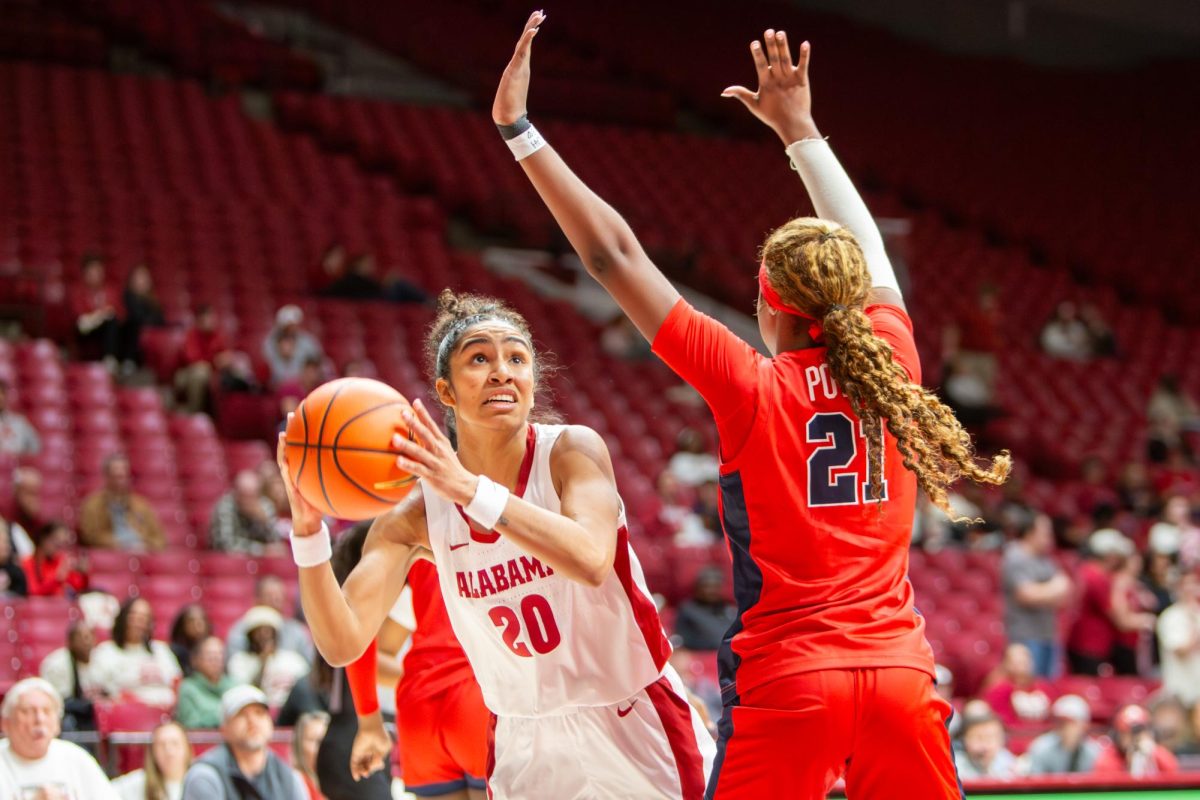 Alabama guard Diana Collins (#20) prepares to shoot a shot against Ole Miss on Feb. 5, 2026. 