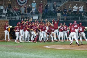 The Alabama baseball team celebrates after a run against USC Upstate on May 30, 2026, at Sewell-Thomas Stadium.