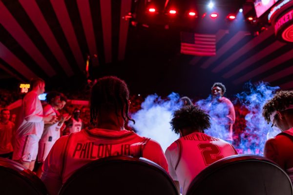 Alabama basketball players wait to run out against Auburn on March 7, 2026, at Coleman Coliseum.