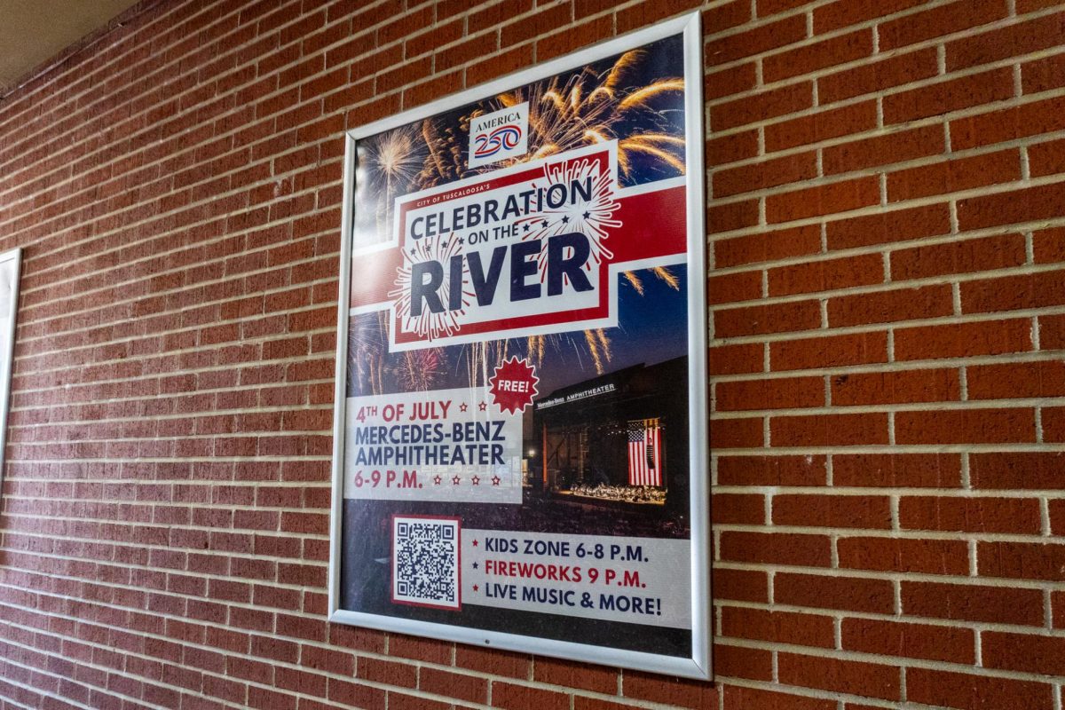 A sign advertising Tuscaloosa's 4th of July celebrations, photographed on June 23, 2026.