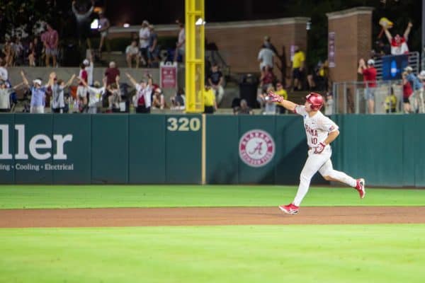 Alabama baseball player Brady Neal (#10) celebrates during a run against Alabama State on May 29, 2026, at Sewell-Thomas Stadium.