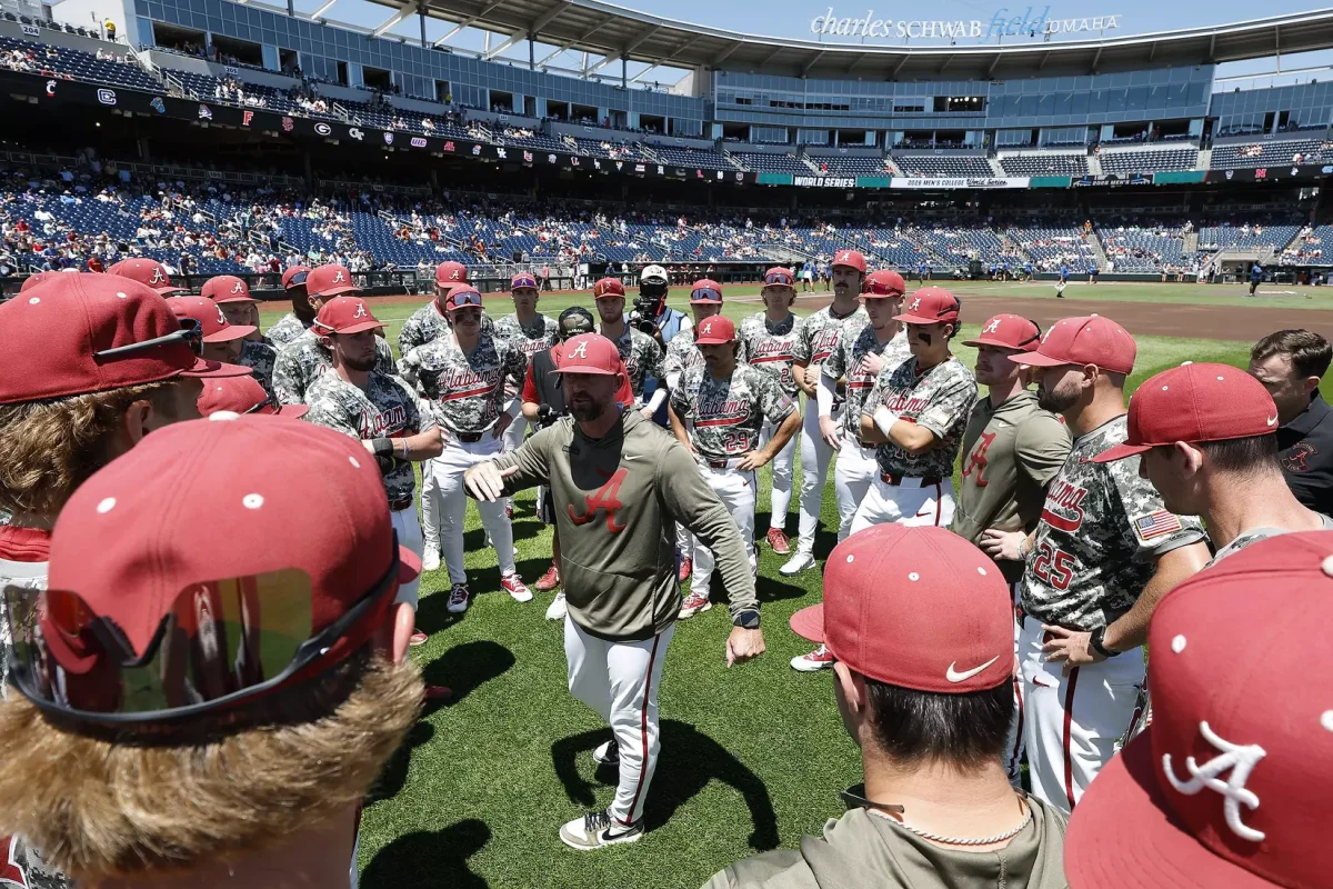 Alabama Head Coach Rob Vaughn in action against Texas during NCAA Men's College World Series Game 2 at Charles Schwab Field in Omaha, NE on Monday, Jun 15, 2026.