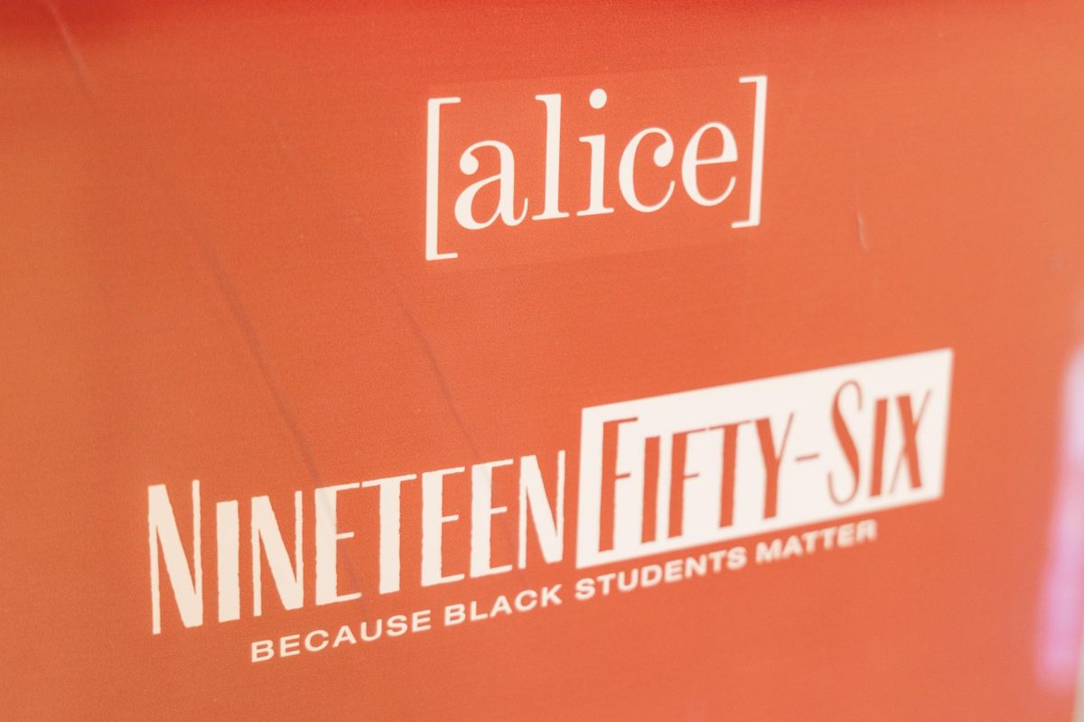 The logos for Alice Magazine and Nineteen Fifty-Six are seen on a student media stand photographed Dec. 3, 2025.