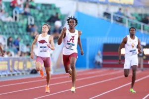 Alabama Track Athlete Samuel Ogazi in action during the NCAA outdoor track and field championships at Hayward Field in Eugene, Or. on Wednesday, June 10, 2026.