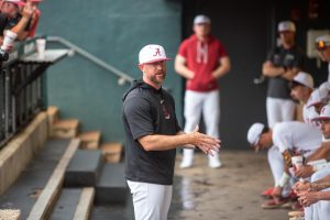 Alabama baseball head coach Rob Vaughn speaks to the team during the game against Alabama State in the NCAA Regional on May 29, 2026, at Sewell-Thomas Stadium.