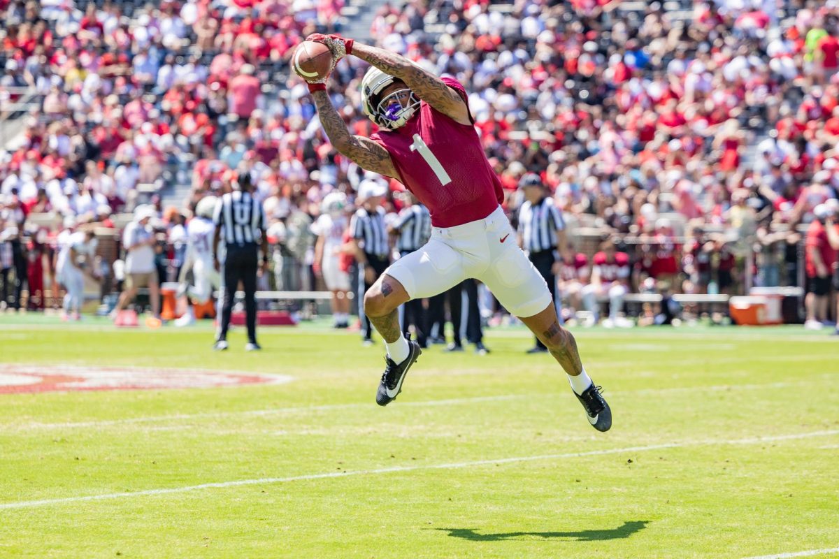 Alabama wide receiver Ryan Coleman-Williams (#1) catches the ball during A-Day on April 4, 2026, in Bryant-Denny Stadium.