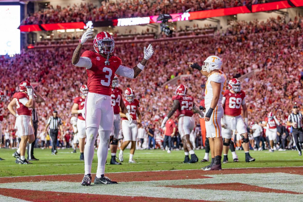 Alabama defensive back Keon Sabb (#3) celebrates after a touchdown against Tennessee on Oct. 18, 2025, in Bryant-Denny Stadium.