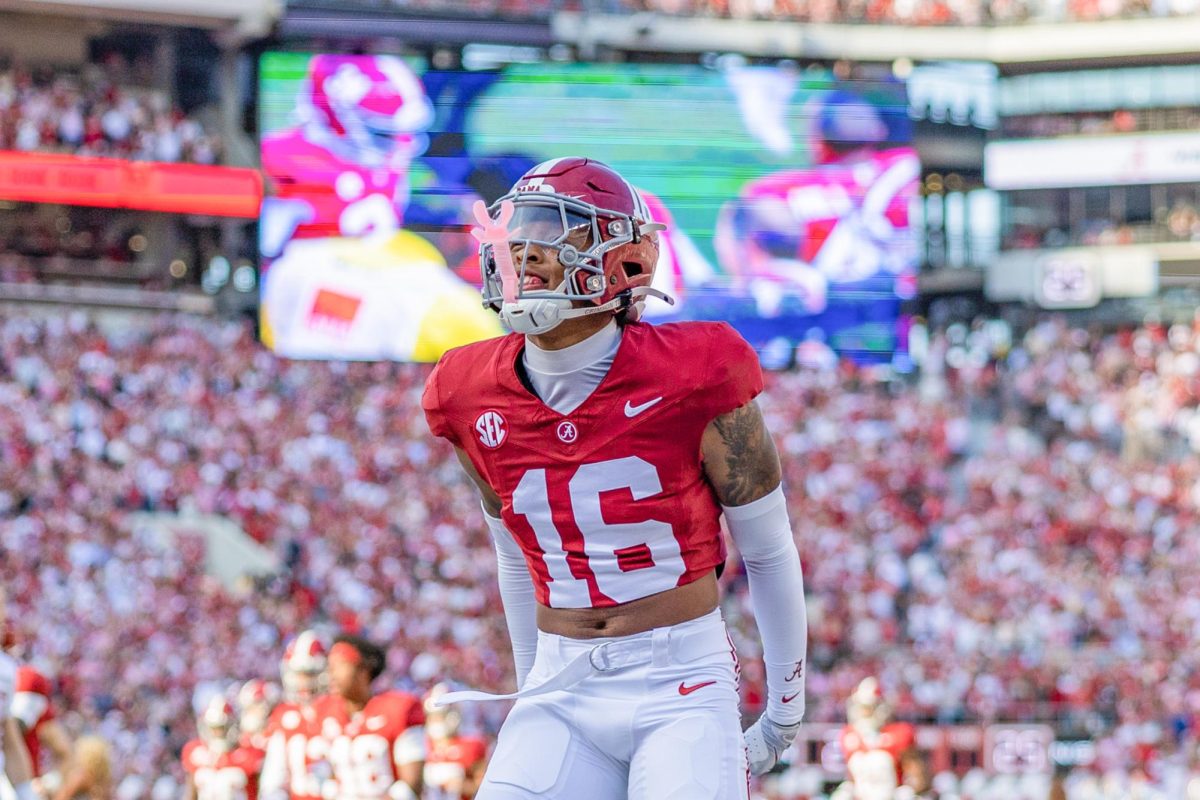Alabama defensive back Red Morgan celebrates against Oklahoma on Nov. 15, 2025, in Bryant-Denny Stadium.