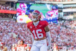 Alabama defensive back Red Morgan celebrates against Oklahoma on Nov. 15, 2025, in Bryant-Denny Stadium.